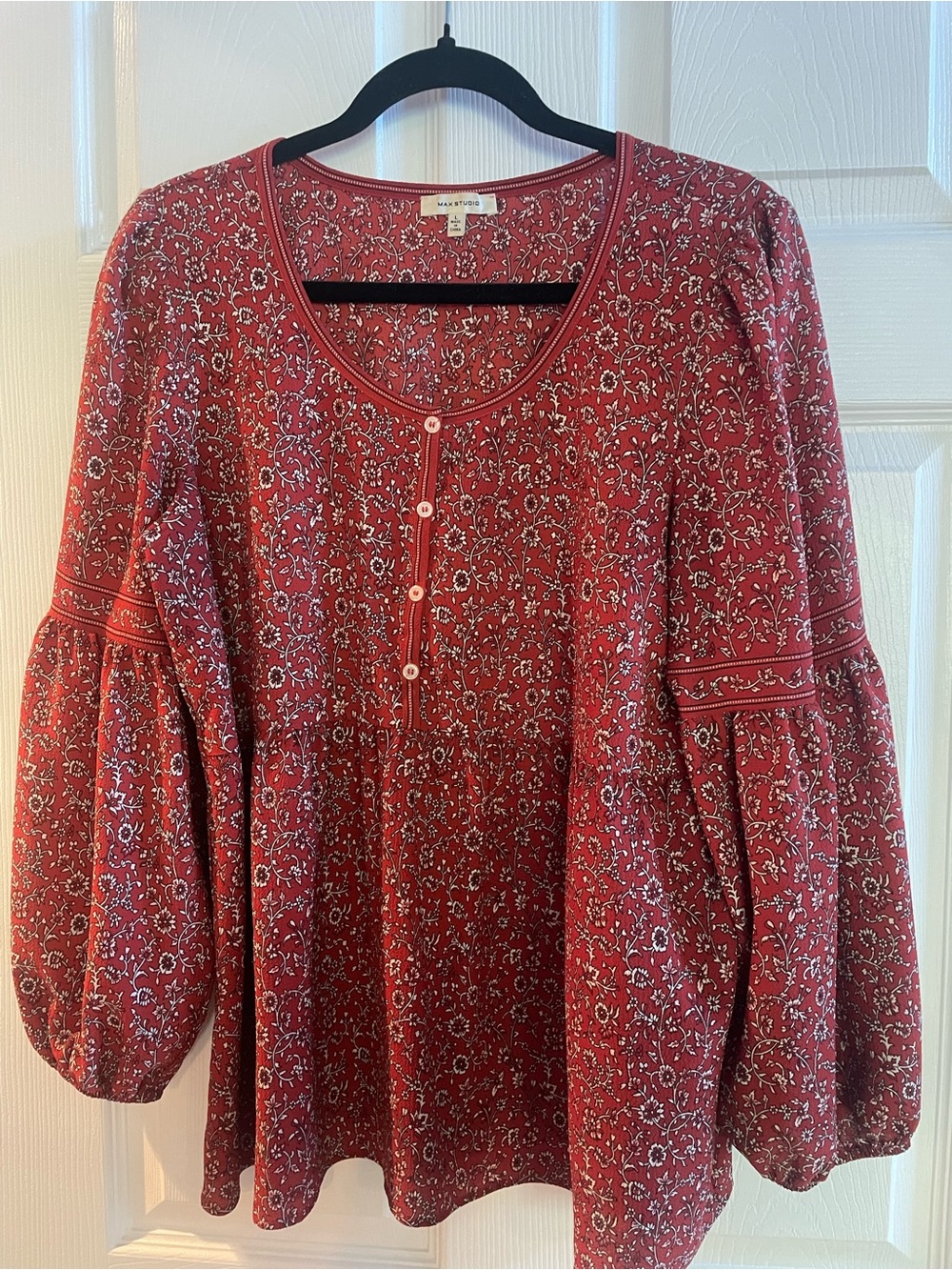 Max Studio Red Floral Button-Front Peasant Blouse